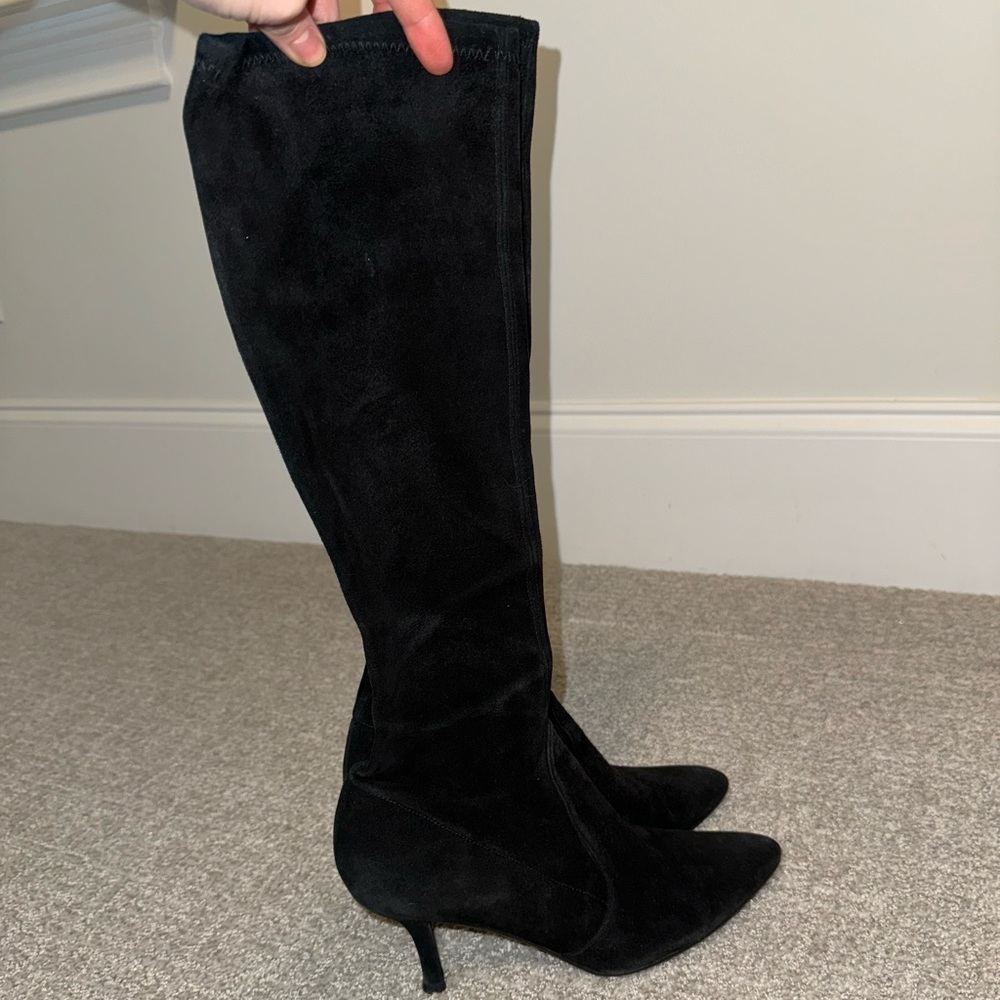 Stuart Weitzman Black Suede Stretchy Calf Heeled Boots
